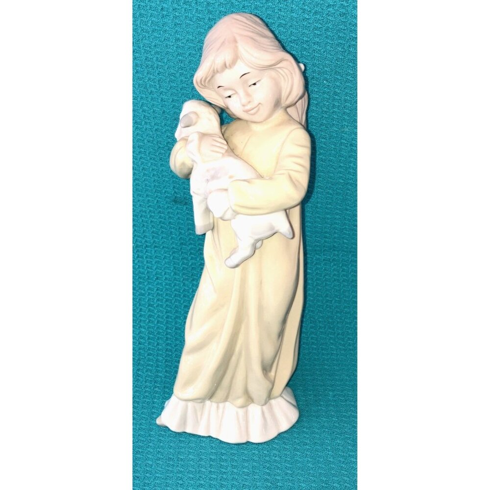 Vintage Duncan Royale Girl Holding Lamb Yellow Gown 12” Bone China Figurine